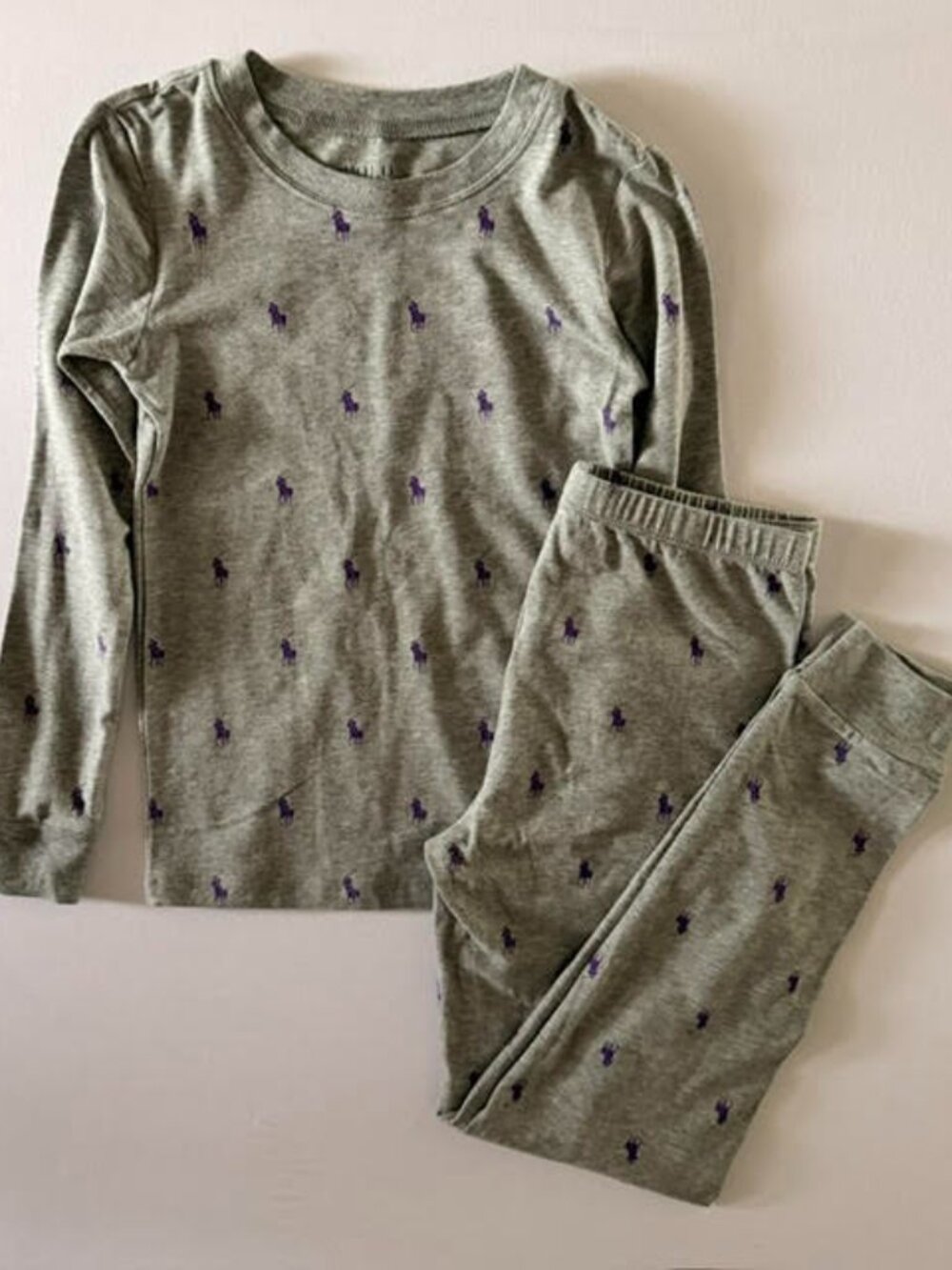 EUC Polo Ralph Lauren Girls Pajamas Set Gray Purple Pony Sleepwear 2 Pc Size 8